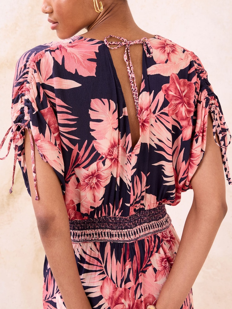 Lipsy Pink/Blue Petite Floral Kimono Sleeve Crinkle Jumpsuit - Image 4 of 4