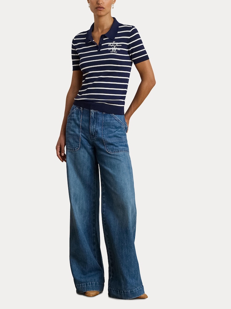 Lauren Ralph Lauren Blue Natrissa Stripe Cable Knit Polo Shirt - Image 7 of 7