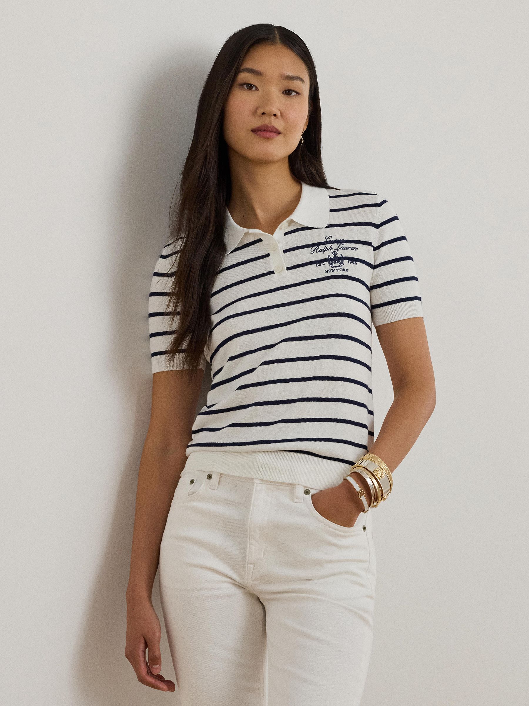 Buy Lauren Ralph Lauren White Natrissa Stripe Cable Knit Polo