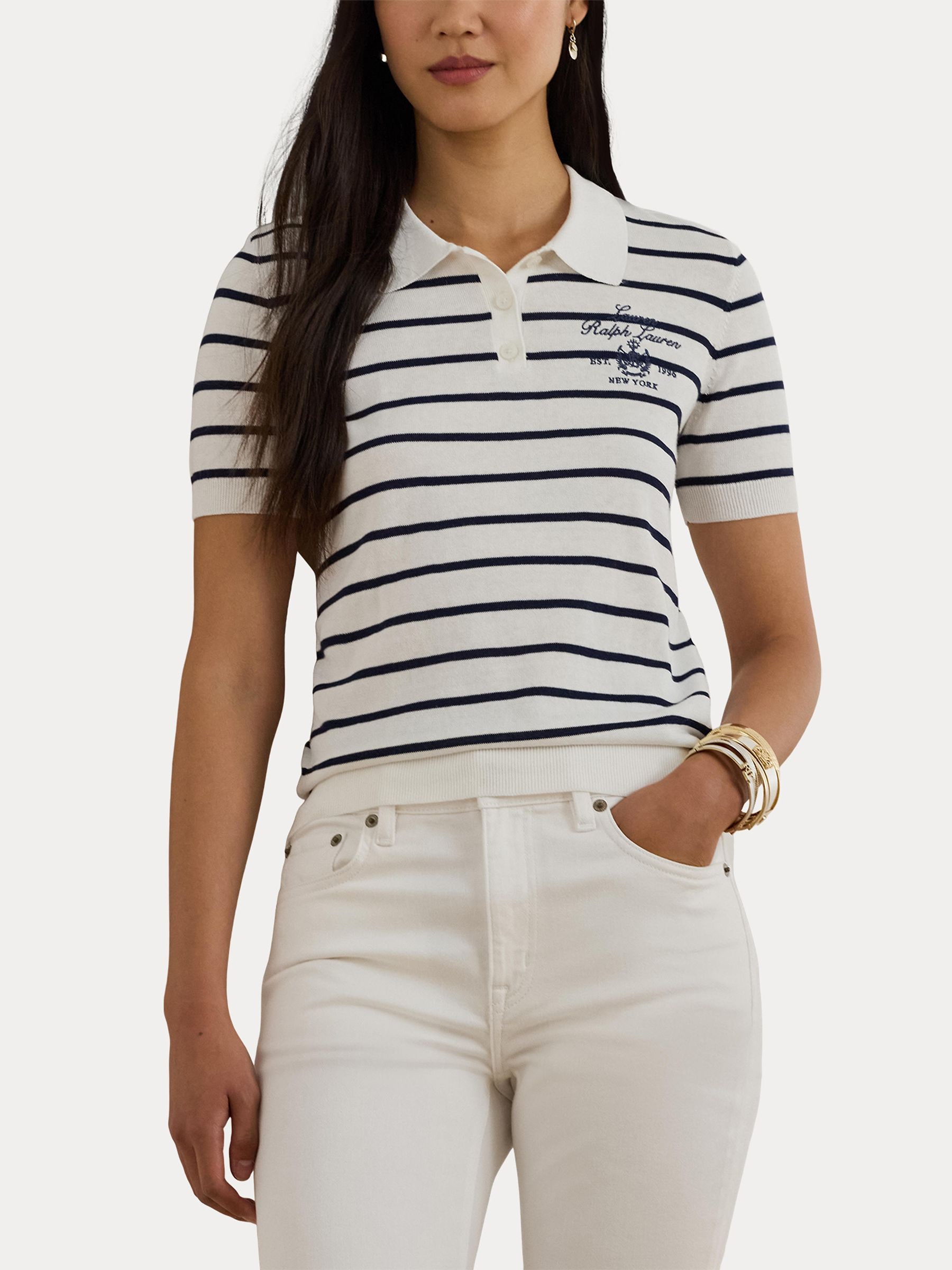 Buy Lauren Ralph Lauren White Natrissa Stripe Cable Knit Polo