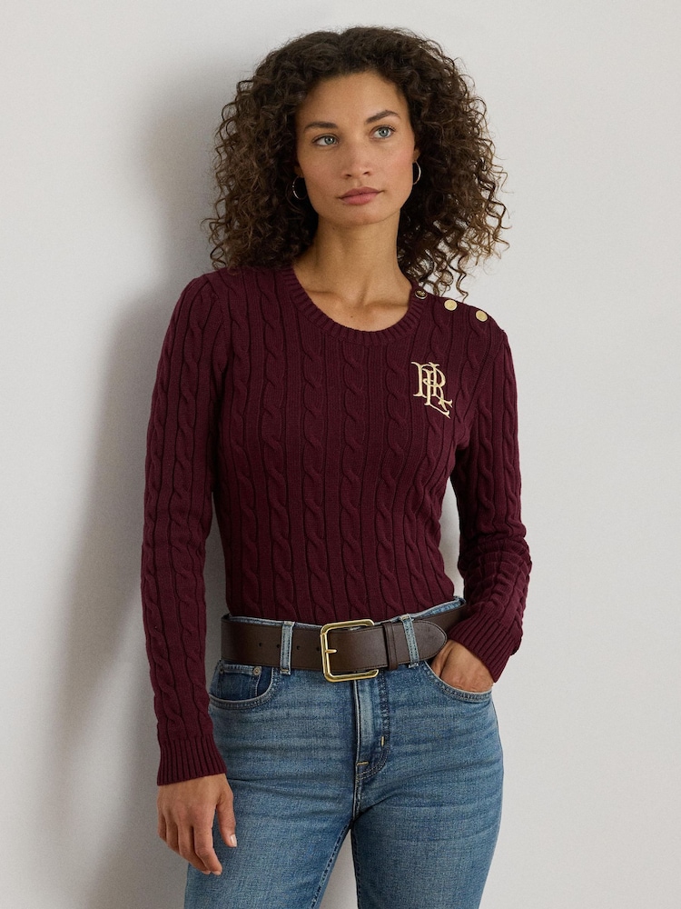 Lauren Ralph Lauren Red Montiva Cable Knit Emboridered Logo Jumper - Image 1 of 4 Lauren Ralph Lauren Red Montiva Cable Knit Emboridered Logo Jumper - Image 1 of 4