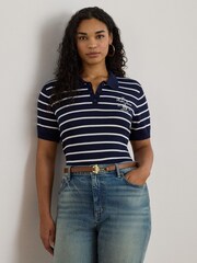 Lauren Ralph Lauren Blue Curve Natrissa Stripe Cable Knit Polo Shirt - Image 1 of 7