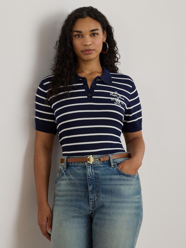 Lauren Ralph Lauren Blue Curve Natrissa Stripe Cable Knit Polo Shirt - Image 1 of 7