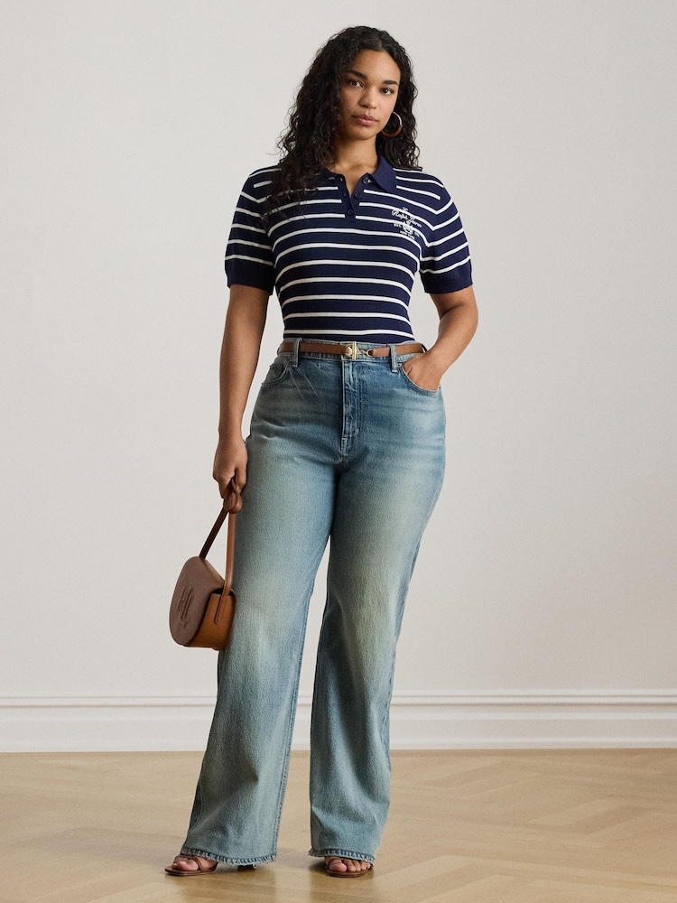 Lauren Ralph Lauren Blue Curve Natrissa Stripe Cable Knit Polo Shirt - Image 2 of 7