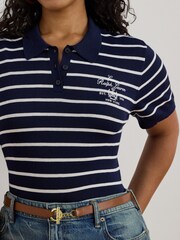 Lauren Ralph Lauren Blue Curve Natrissa Stripe Cable Knit Polo Shirt - Image 4 of 7