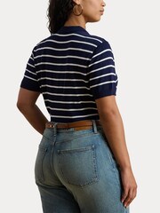 Lauren Ralph Lauren Blue Curve Natrissa Stripe Cable Knit Polo Shirt - Image 5 of 7