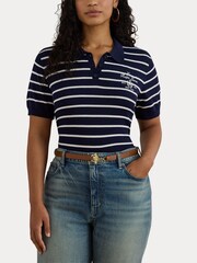 Lauren Ralph Lauren Blue Curve Natrissa Stripe Cable Knit Polo Shirt - Image 6 of 7