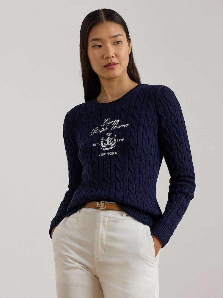 Lauren Ralph Lauren Blue Rinett Logo Embroidered Knit Jumper - Image 1 of 8 Lauren Ralph Lauren Blue Rinett Logo Embroidered Knit Jumper - Image 1 of 8