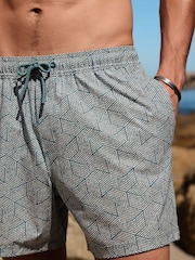 Teal Blue/ Ecru - Geometric Print Swim Shorts with Linen 5" - تصویر 1 از 6