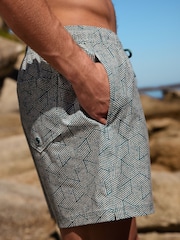 Teal Blue/ Ecru - Geometric Print Swim Shorts with Linen 5" - تصویر 2 از 6