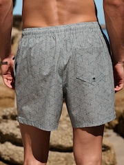 Teal Blue/ Ecru - Geometric Print Swim Shorts with Linen 5" - تصویر 4 از 6