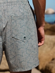 Teal Blue/ Ecru - Geometric Print Swim Shorts with Linen 5" - تصویر 5 از 6