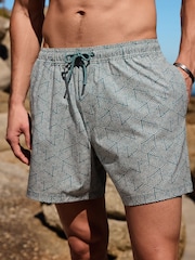 Teal Blue/ Ecru - Geometric Print Swim Shorts with Linen 5" - تصویر 6 از 6