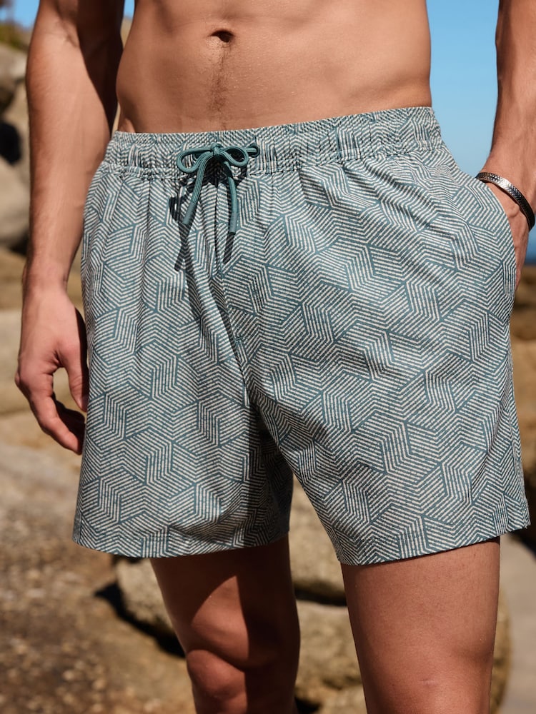 Teal Blue/ Ecru - Geometric Print Swim Shorts with Linen 5" - تصویر 6 از 6