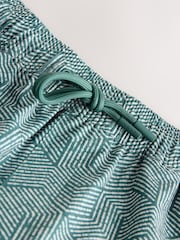 Teal Blue/ Ecru Geometric Print With Linen Swim Shorts 5 Inch - Image 8 of 10