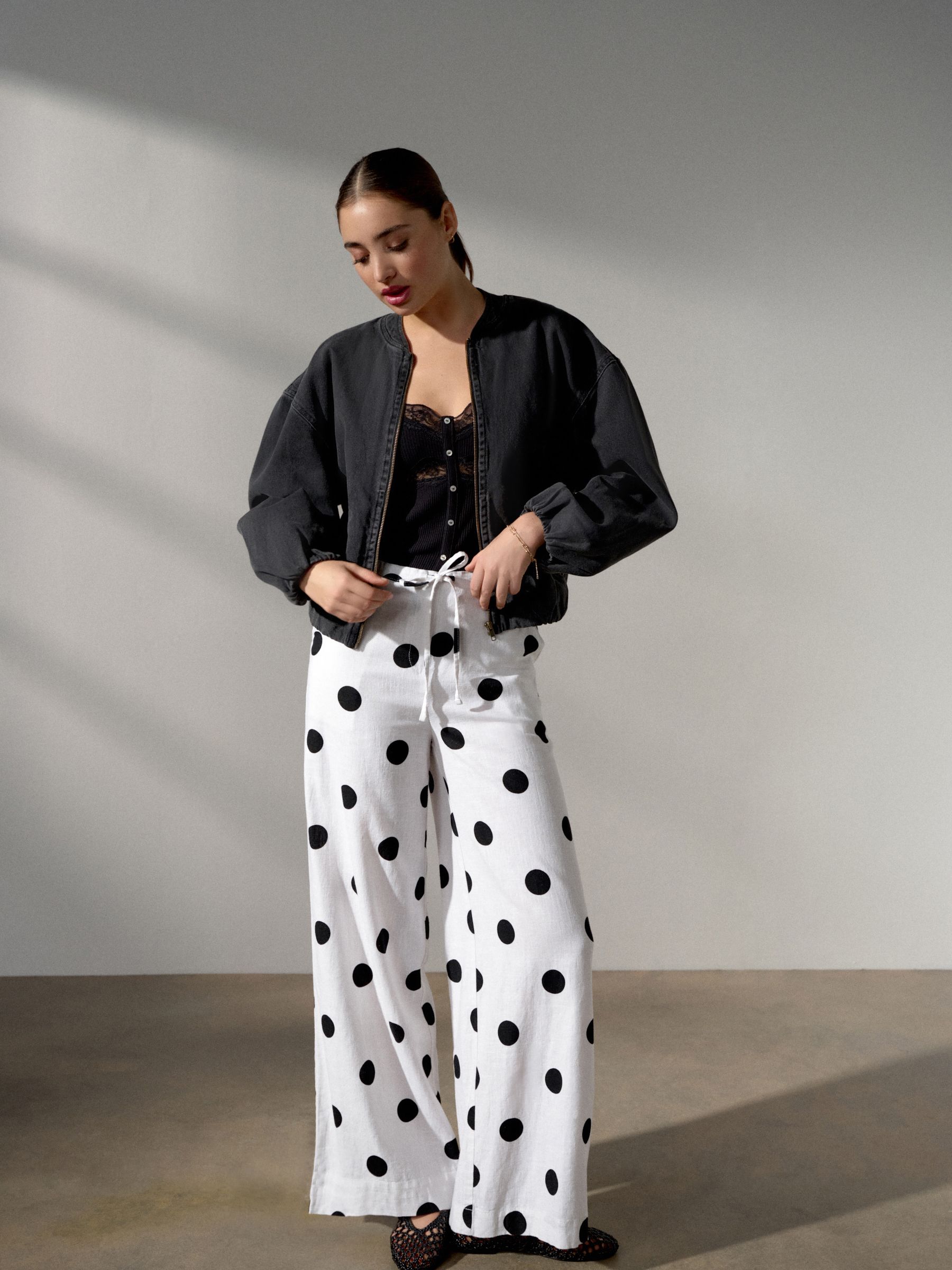 Buy White/Black Polka Dot Linen Blend Wide Leg Trousers from Next USA