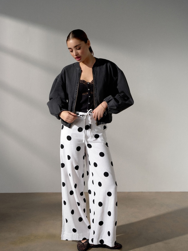 White/Black Spot Linen Blend Wide Leg Trousers - Image 1 of 5 White/Black Spot Linen Blend Wide Leg Trousers - Image 1 of 5