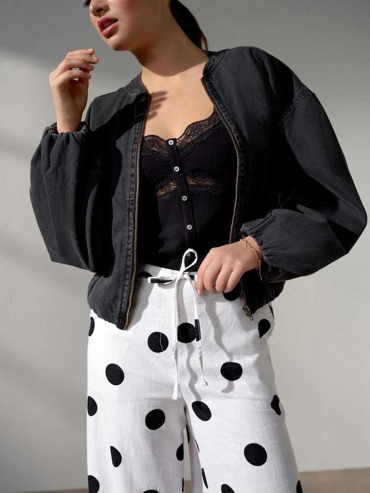 White/Black Spot Linen Blend Wide Leg Trousers - Image 5 of 5 White/Black Spot Linen Blend Wide Leg Trousers - Image 5 of 5