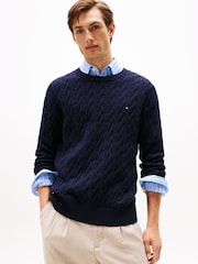 Tommy Hilfiger Blue Cable Knit Crew Neck Jumper - Image 1 of 5