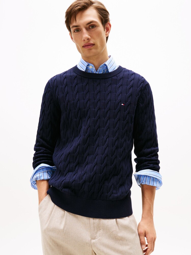 Tommy Hilfiger Blue Cable Knit Crew Neck Jumper - Image 1 of 5 Tommy Hilfiger Blue Cable Knit Crew Neck Jumper - Image 1 of 5