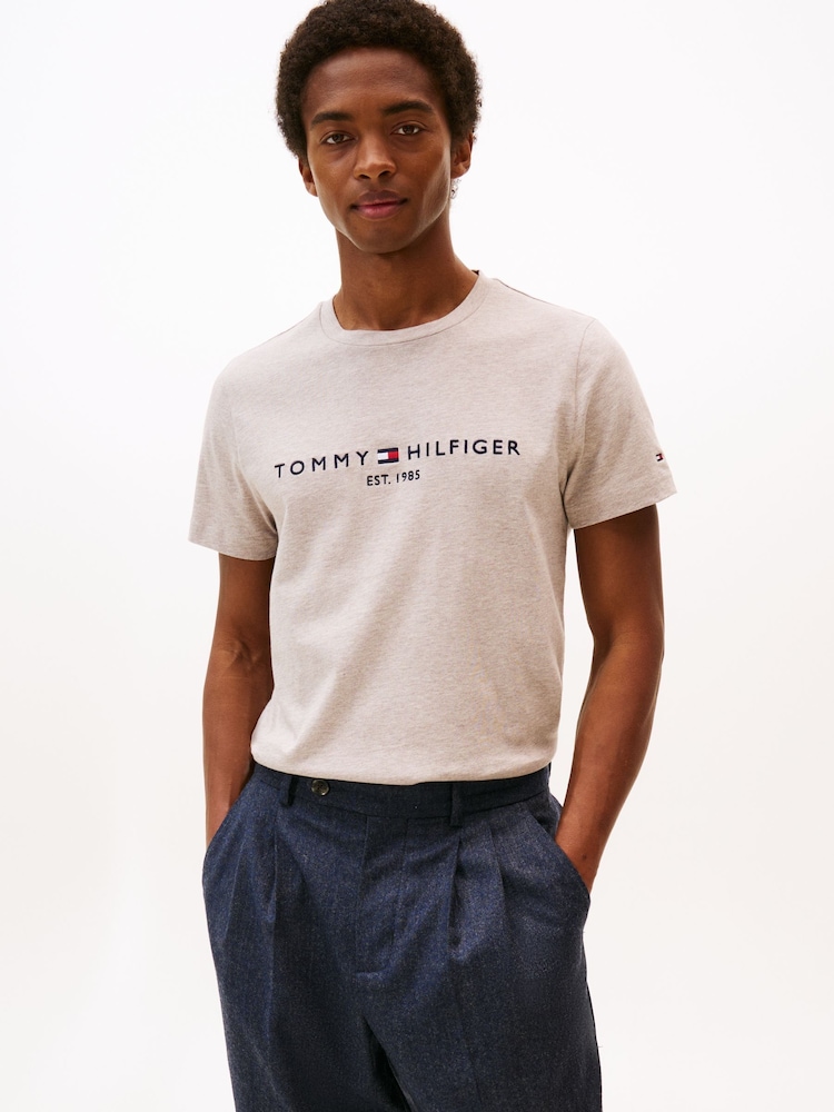 Tommy Hilfiger Grey Logo Slim Jersey T-Shirt - Image 1 of 5