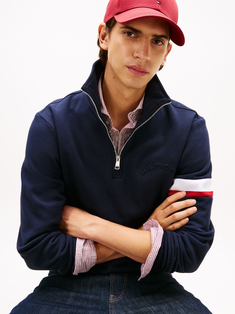 Tommy Hilfiger Blue Quarter-Zip Embossed Logo Jumper - Image 2 of 5 Tommy Hilfiger Blue Quarter-Zip Embossed Logo Jumper - Image 2 of 5