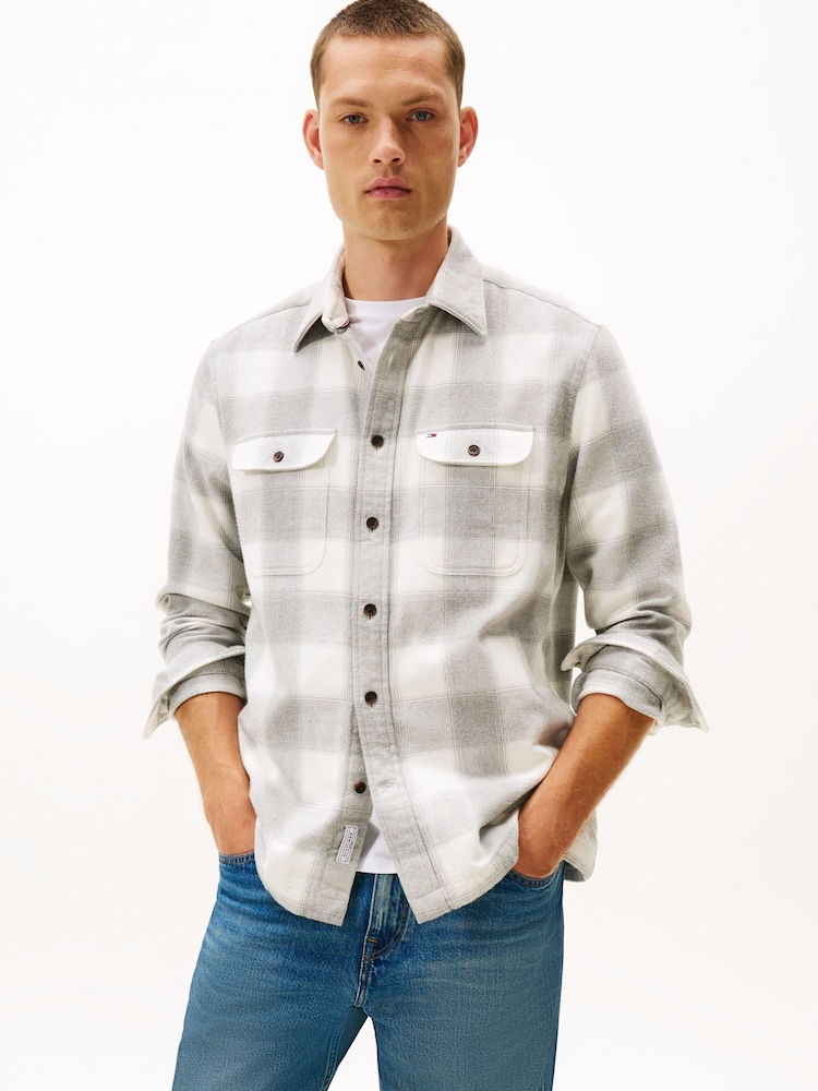 Tommy Hilfiger Grey Relaxed Fit Check Flannel Overshirt - Image 1 of 5 Tommy Hilfiger Grey Relaxed Fit Check Flannel Overshirt - Image 1 of 5