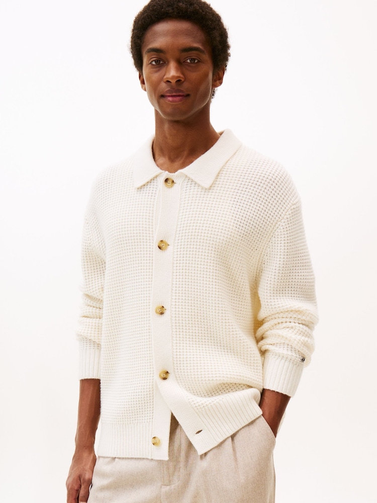 Tommy Hilfiger Cream Smart Casual Waffle Knit Lambswool Blend Cardigan - Image 1 of 5 Tommy Hilfiger Cream Smart Casual Waffle Knit Lambswool Blend Cardigan - Image 1 of 5