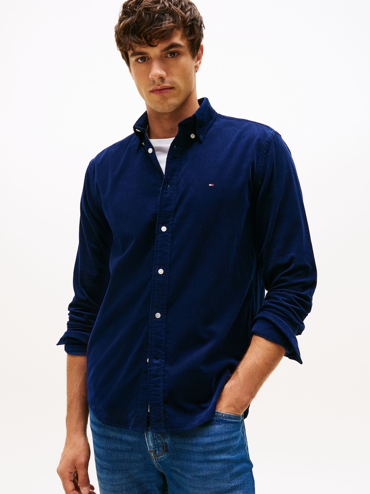 Tommy Hilfiger Blue Regular Fit Flag Embroidery Corduroy Shirt - Image 1 of 5 Tommy Hilfiger Blue Regular Fit Flag Embroidery Corduroy Shirt - Image 1 of 5