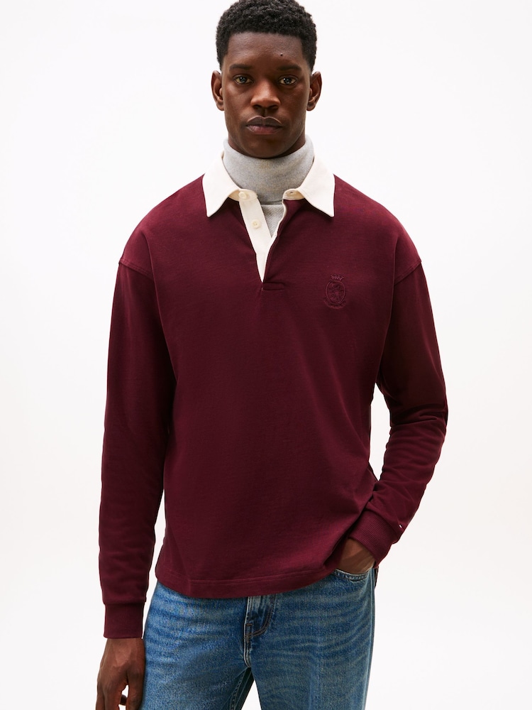 Tommy Hilfiger Red Varsity Contrast Collar Relaxed Rugby Shirt - Image 1 of 5