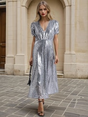 Religion Metallic Fully sequined Naomi Tea Dress with Puff Sleeve - Image 1 of 6