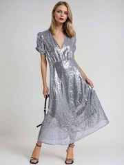 Religion Metallic Fully sequined Naomi Tea Dress with Puff Sleeve - Image 2 of 6