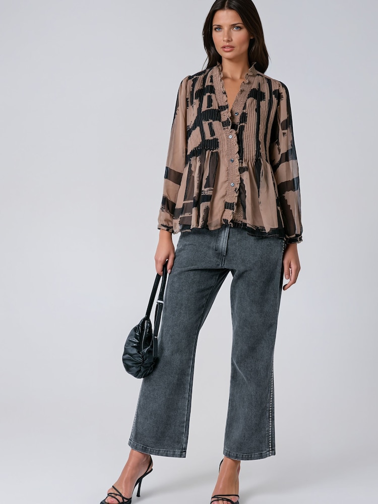 Religion Brown Carolina Shirt With Frill Collar In Abstract Stripe - Image 7 of 7