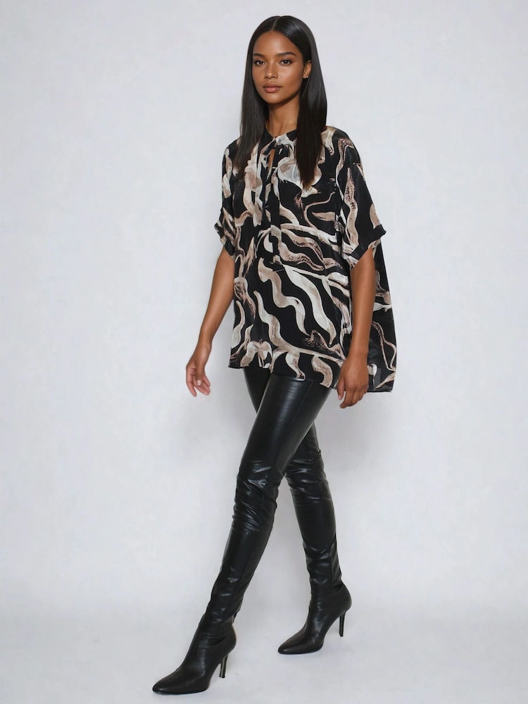 Religion Black Oversized Glory Tunic Shirt In Brown Abstract Print - Image 1 of 5 Religion Black Oversized Glory Tunic Shirt In Brown Abstract Print - Image 1 of 5