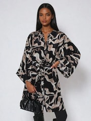 Religion Glory Tunic Shirt Dress With Tie Belt And Kimono Sleeves In Brown Abstract Print - Slika 2 iz 6