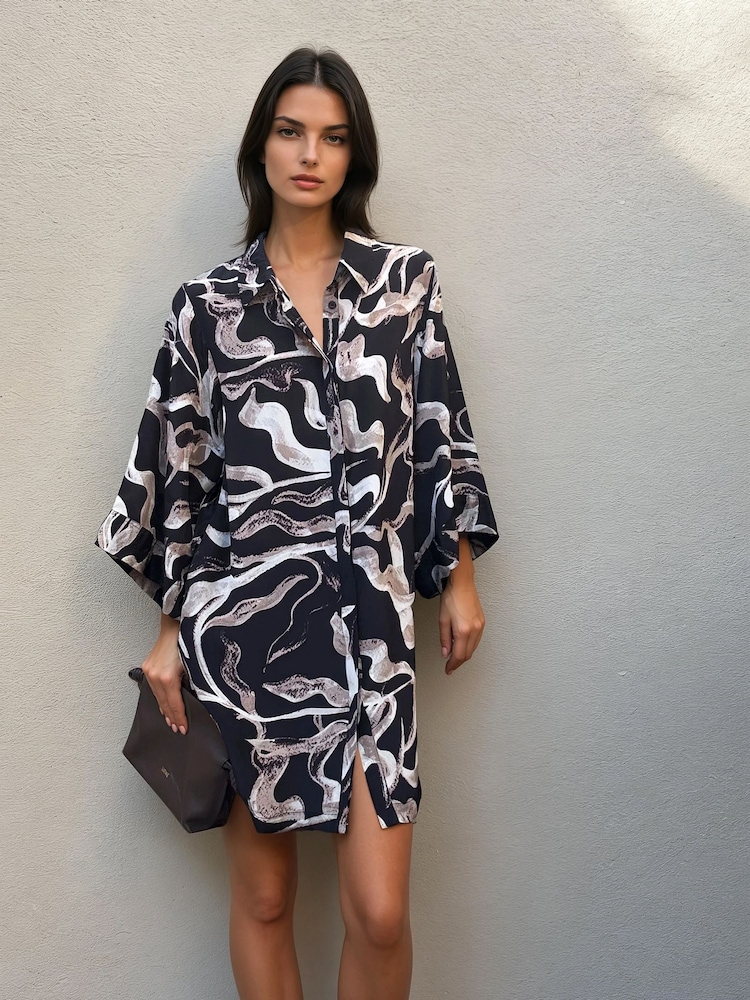 Religion Glory Tunic Shirt Dress With Tie Belt And Kimono Sleeves In Brown Abstract Print - Slika 6 iz 6