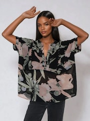 Religion Black Oversized Ivy Top In Soft Floral On Black Georgette With Stud Details - Image 2 of 5