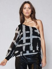 Religion Black One Shoulder Julia Top In Bold Abstract Print With Tie Sash - Image 2 of 6