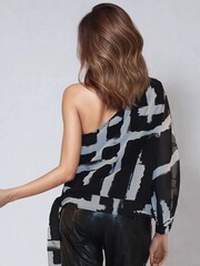 Religion Black One Shoulder Julia Top In Bold Abstract Print With Tie Sash - Image 5 of 6