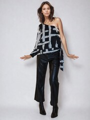 Religion Black One Shoulder Julia Top In Bold Abstract Print With Tie Sash - Image 6 of 6