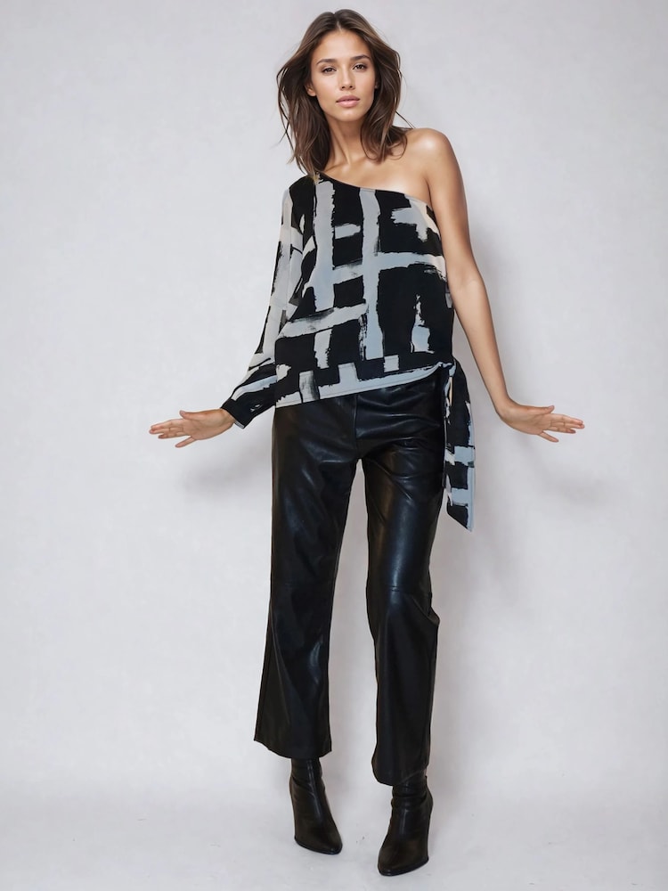 Religion Black One Shoulder Julia Top In Bold Abstract Print With Tie Sash - Image 6 of 6