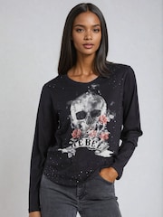 Religion Black Rebel Skull Long Sleeve T-Shirt With Skull Rebel And Roses With Sequins - Image 1 of 4