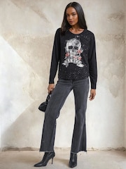 Religion Black Rebel Skull Long Sleeve T-Shirt With Skull Rebel And Roses With Sequins - Image 2 of 4