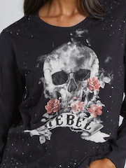Religion Black Rebel Skull Long Sleeve T-Shirt With Skull Rebel And Roses With Sequins - Image 3 of 4