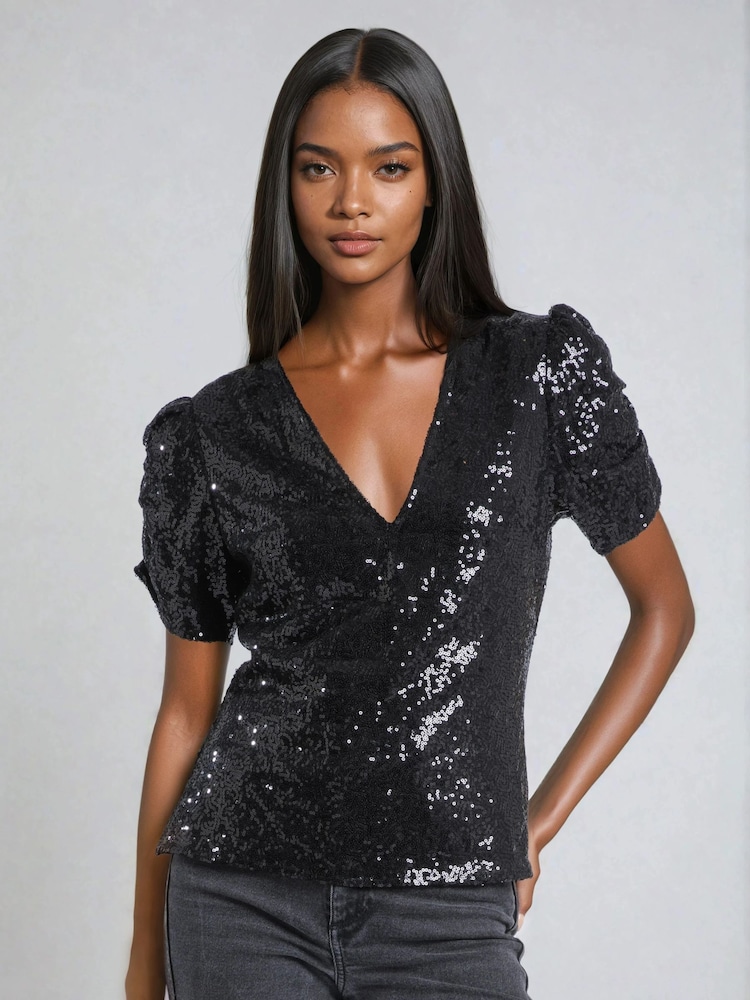 Religion Black Fully sequined Naomi Top With Puff Sleeve - Image 1 of 5
