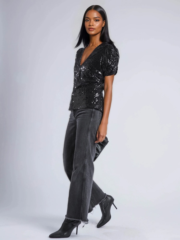 Religion Black Fully sequined Naomi Top With Puff Sleeve - Image 2 of 5