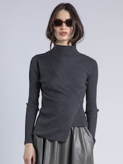 Religion Grey Serena Draped Wrap Roll Neck Top In Lux Rib Knit - Image 1 of 6