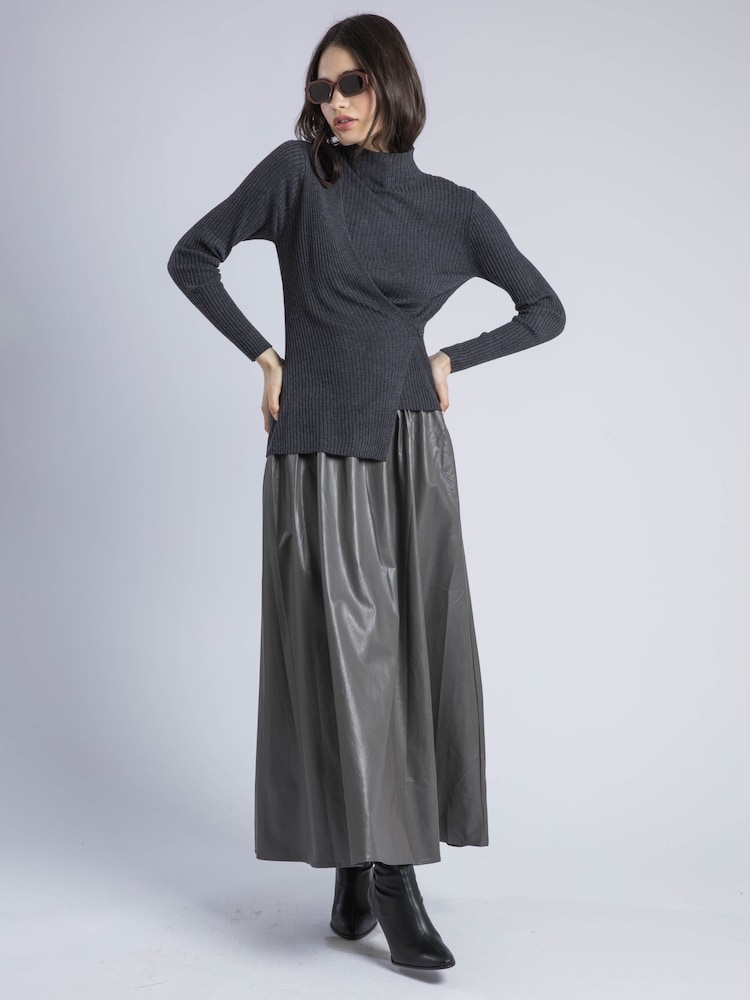 Religion Grey Serena Draped Wrap Roll Neck Top In Lux Rib Knit - Image 6 of 6
