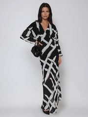 Religion Black Lily Column Bias Cut Maxi Dress In Abstract Monochrome Stripe Print - Image 2 of 4