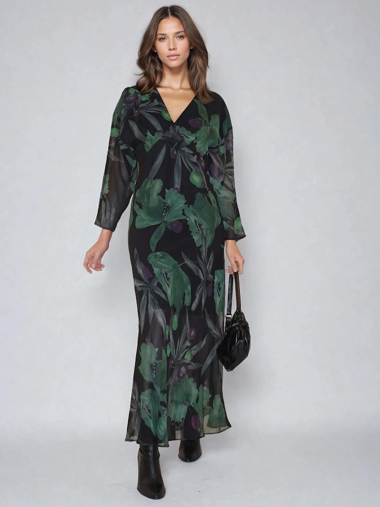 green emerald velvet dress Woven Floral Print Tiered Maxi Dress Green main image 0
